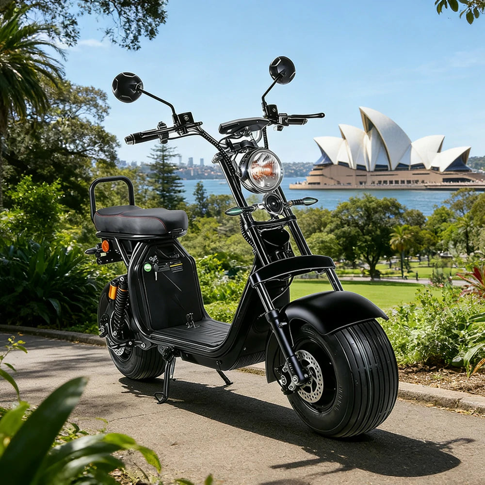 AKEZ Harley Electric Scooter 1500W Motor 60V 20Ah Lithium Battery Seamless Steel Frame Long Range with Dual Suspension - Black Cruise at 25km/h - Unlock More Power (Details Inside)*