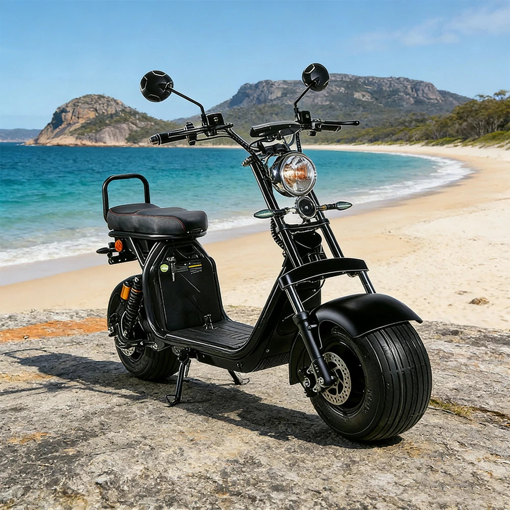 AKEZ Harley Electric Scooter 1500W Motor 60V 20Ah Lithium Battery Seamless Steel Frame Long Range with Dual Suspension - Black Cruise at 25km/h - Unlock More Power (Details Inside)*
