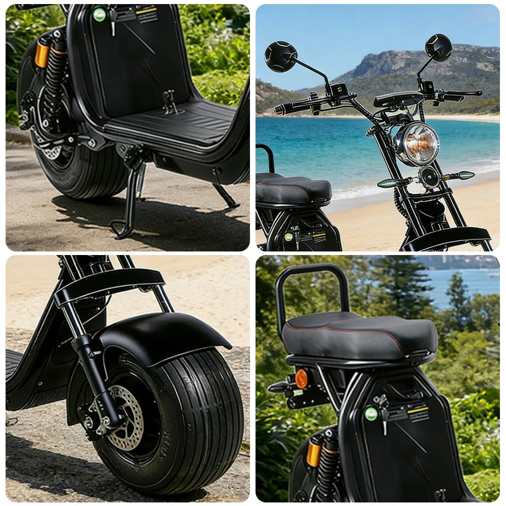 AKEZ Harley Electric Scooter 1500W Motor 60V 20Ah Lithium Battery Seamless Steel Frame Long Range with Dual Suspension - Black Cruise at 25km/h - Unlock More Power (Details Inside)*