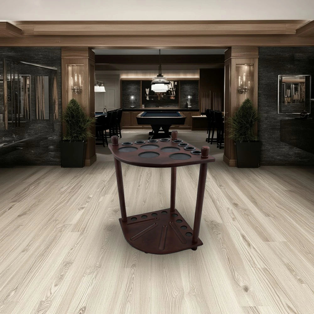 ARIX Mahogany Corner Cue Rack, 8-Cue Wooden Floor Stand with Smooth Finish and Stable Dual-Level Holder Design - Mahogany Wood Tone