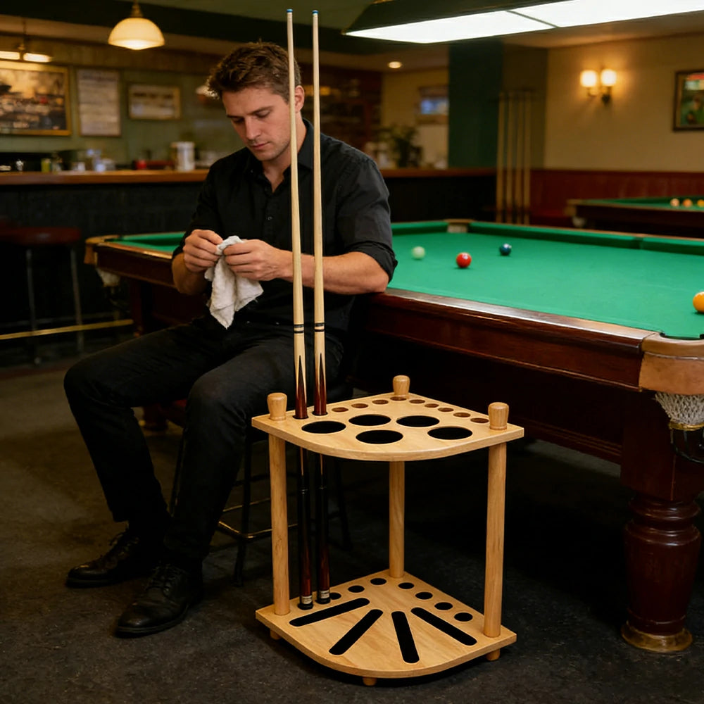 ARIX Mahogany Corner Cue Rack, 8-Cue Wooden Floor Stand with Smooth Finish and Stable Dual-Level Holder Design - Wood