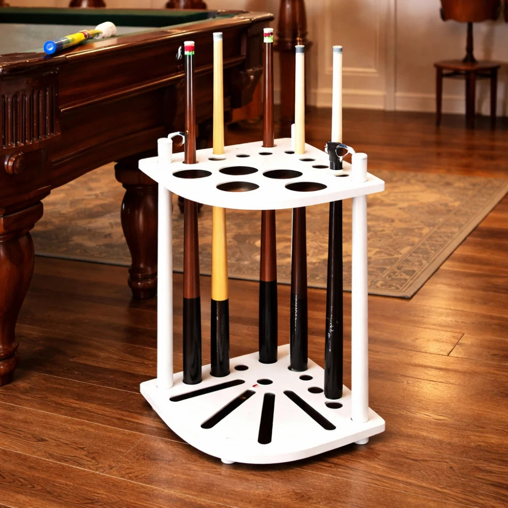 ARIX Mahogany Corner Cue Rack, 8-Cue Wooden Floor Stand with Smooth Finish and Stable Dual-Level Holder Design - White