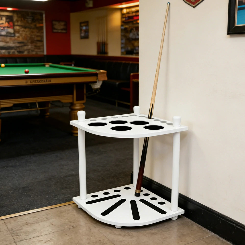 ARIX Mahogany Corner Cue Rack, 8-Cue Wooden Floor Stand with Smooth Finish and Stable Dual-Level Holder Design - White