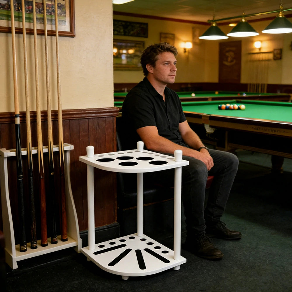 ARIX Mahogany Corner Cue Rack, 8-Cue Wooden Floor Stand with Smooth Finish and Stable Dual-Level Holder Design - White