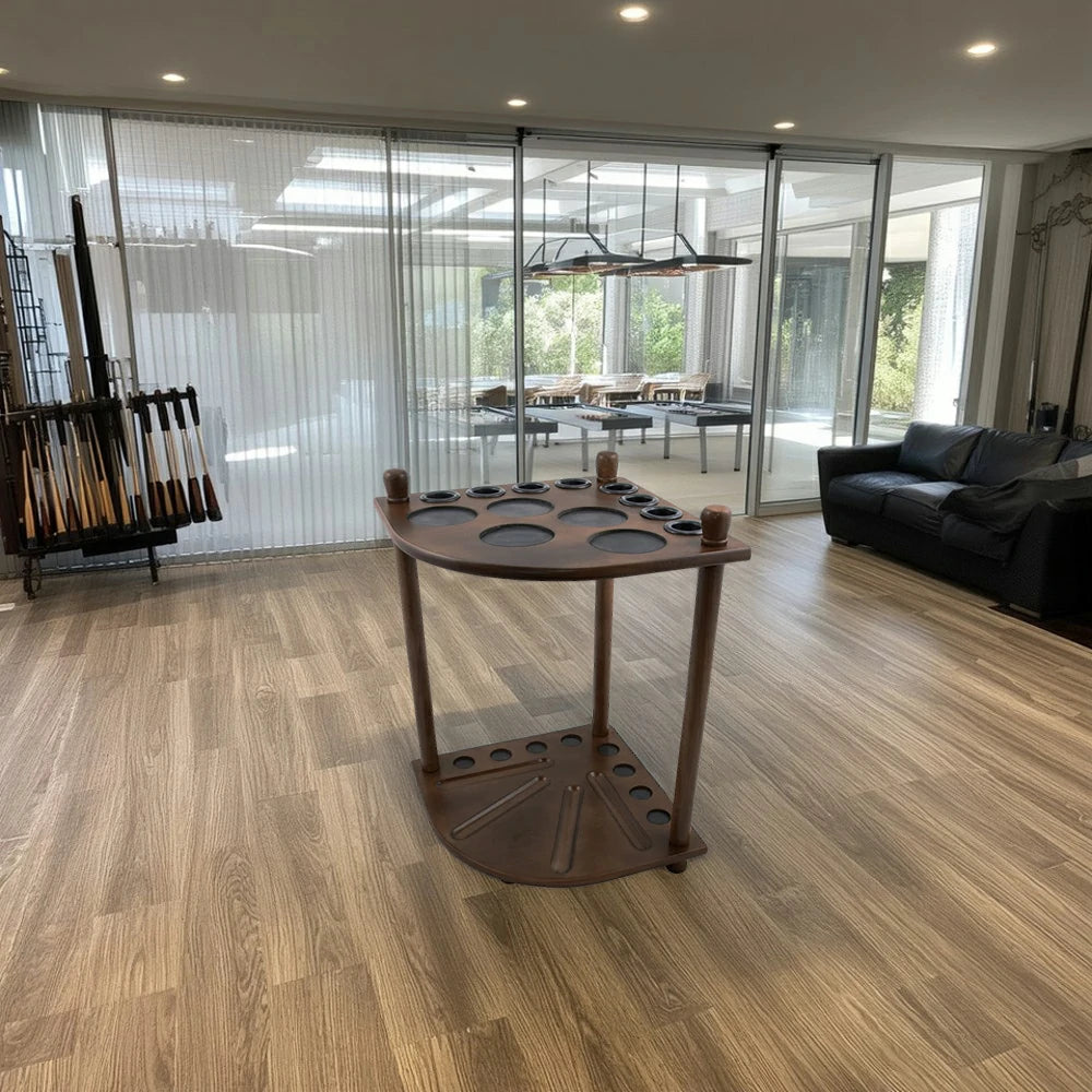 ARIX Mahogany Corner Cue Rack, 8-Cue Wooden Floor Stand with Smooth Finish and Stable Dual-Level Holder Design - Walnut