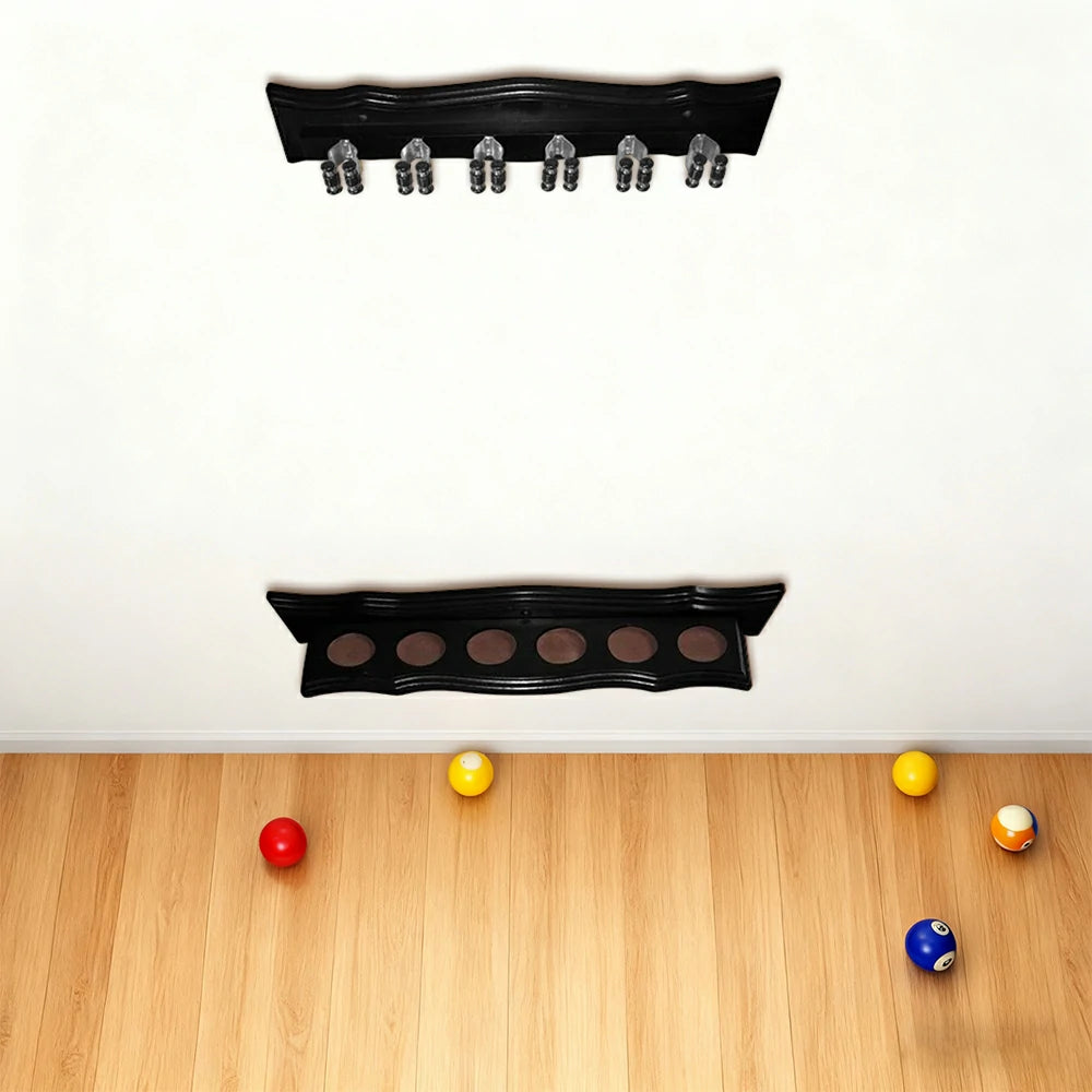 ARIX Deluxe Clip Wall Rack, 6-Cue Wooden Wall-Mounted Holder with Smooth Finish and Secure Cue Clips - Black Wood Tone