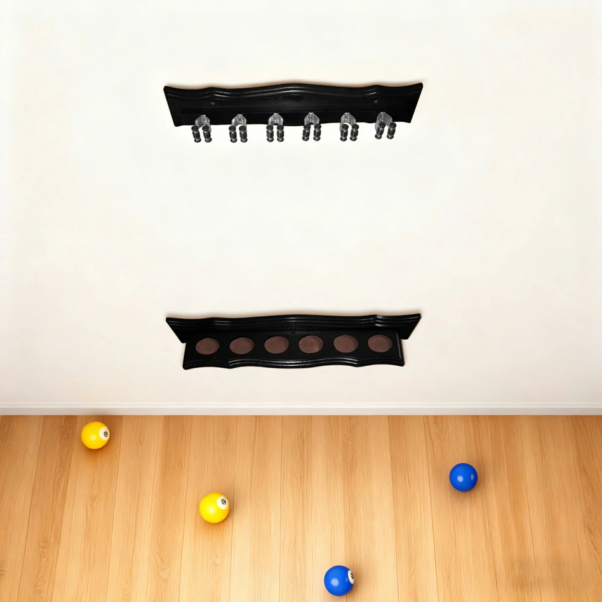 ARIX Deluxe Clip Wall Rack, 6-Cue Wooden Wall-Mounted Holder with Smooth Finish and Secure Cue Clips - Black Wood Tone