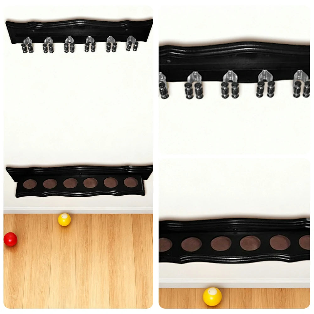 ARIX Deluxe Clip Wall Rack, 6-Cue Wooden Wall-Mounted Holder with Smooth Finish and Secure Cue Clips - Black Wood Tone