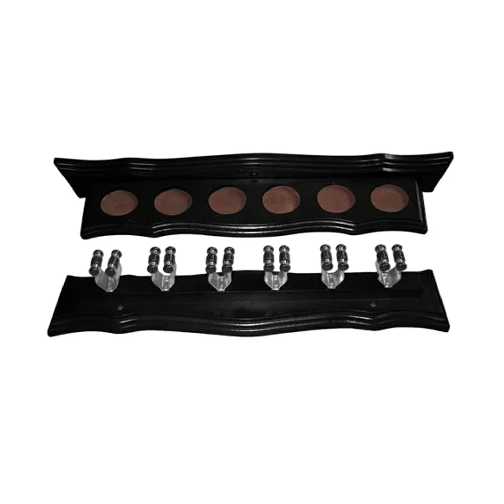 ARIX Deluxe Clip Wall Rack, 6-Cue Wooden Wall-Mounted Holder with Smooth Finish and Secure Cue Clips - Black Wood Tone