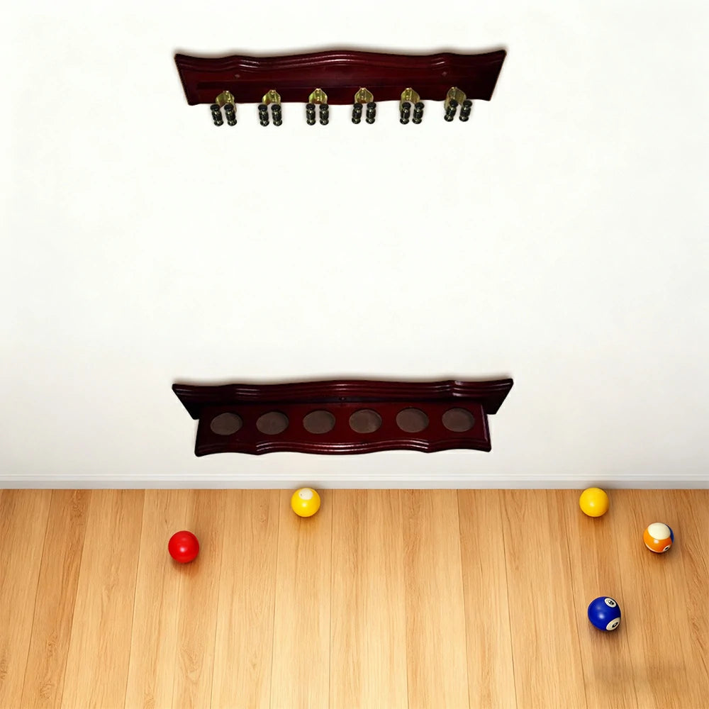 ARIX Deluxe Clip Wall Rack, 6-Cue Wooden Wall-Mounted Holder with Smooth Finish and Secure Cue Clips - Mahogany Wood Tone