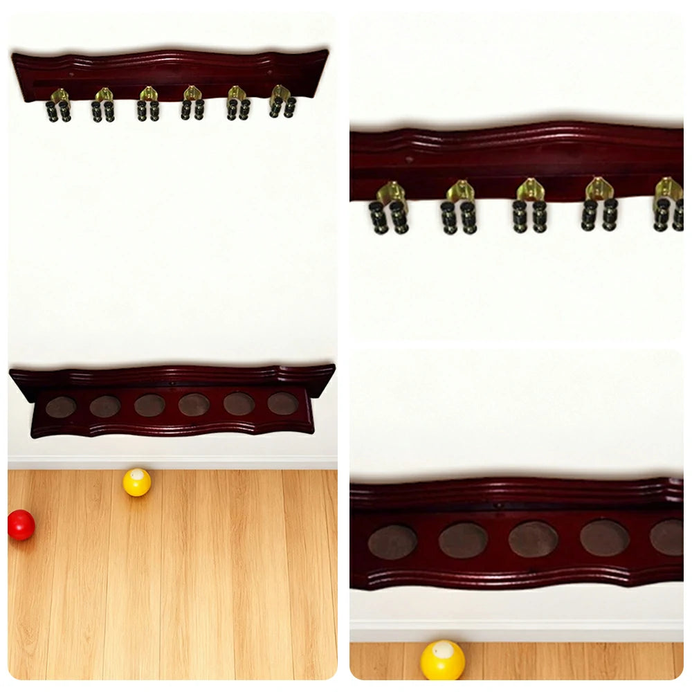 ARIX Deluxe Clip Wall Rack, 6-Cue Wooden Wall-Mounted Holder with Smooth Finish and Secure Cue Clips - Mahogany Wood Tone