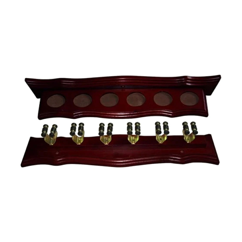 ARIX Deluxe Clip Wall Rack, 6-Cue Wooden Wall-Mounted Holder with Smooth Finish and Secure Cue Clips - Mahogany Wood Tone
