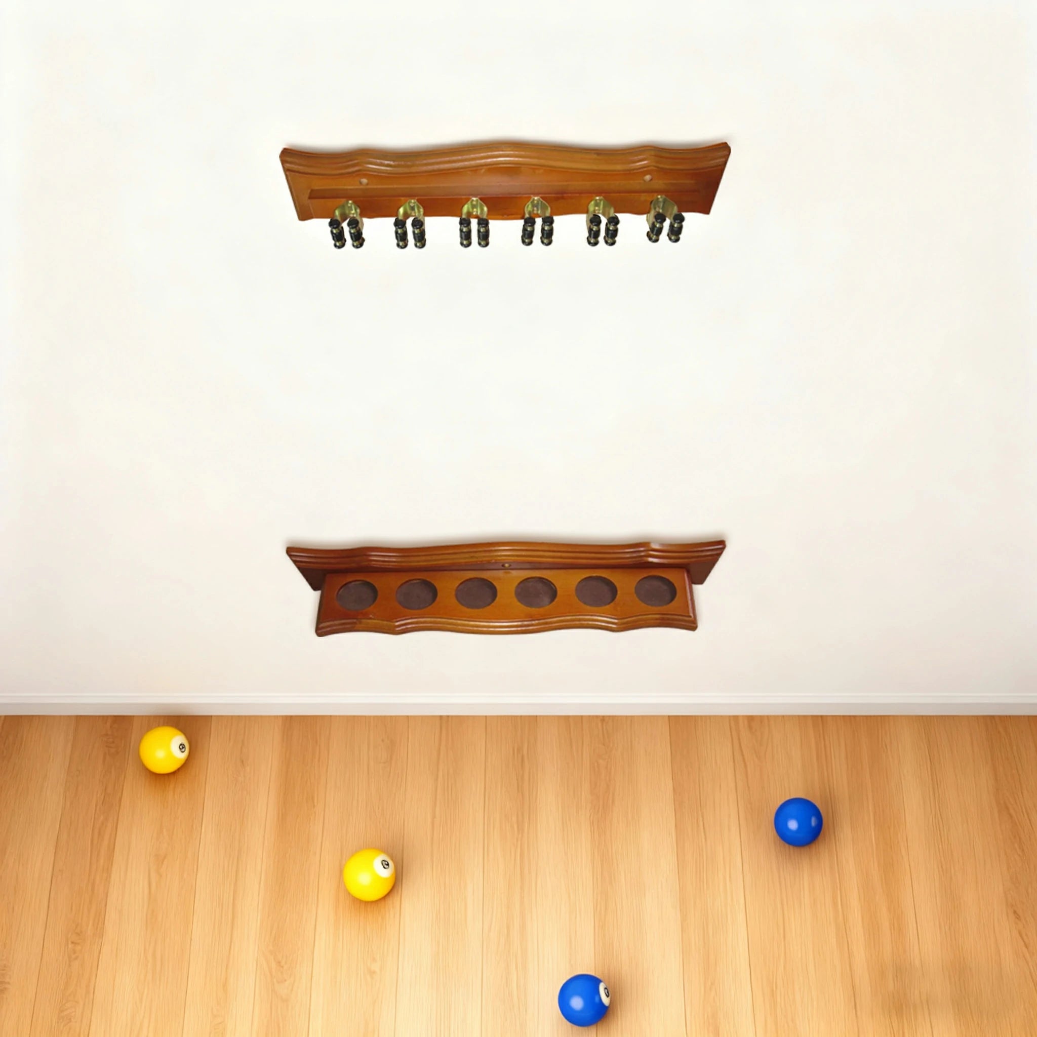 ARIX Deluxe Clip Wall Rack, 6-Cue Wooden Wall-Mounted Holder with Smooth Finish and Secure Cue Clips - Oak Wood Tone