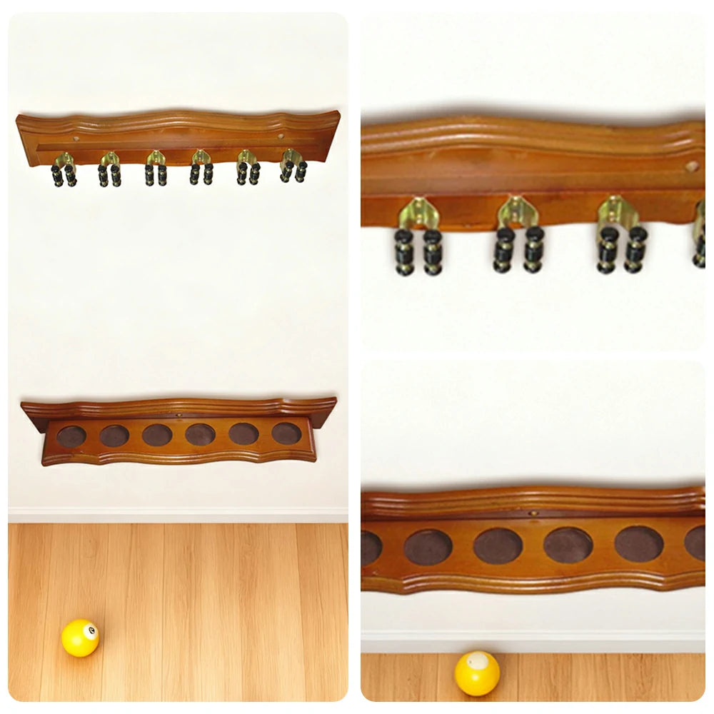 ARIX Deluxe Clip Wall Rack, 6-Cue Wooden Wall-Mounted Holder with Smooth Finish and Secure Cue Clips - Oak Wood Tone