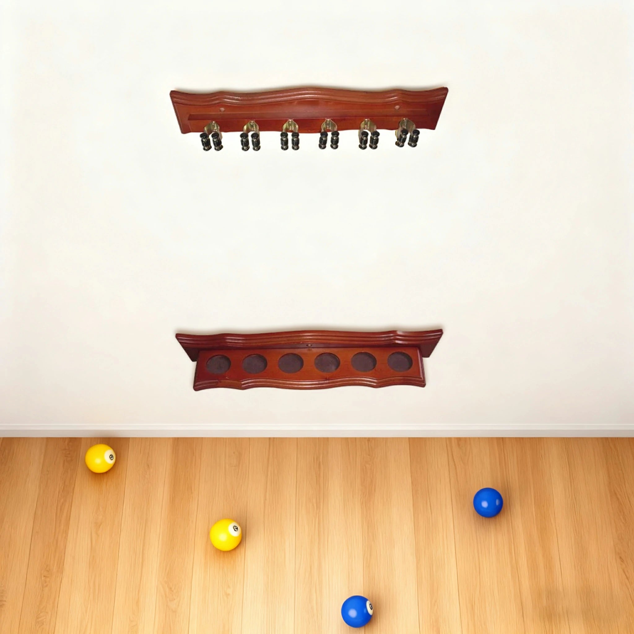 ARIX Deluxe Clip Wall Rack, 6-Cue Wooden Wall-Mounted Holder with Smooth Finish and Secure Cue Clips - Walnut Wood Tone