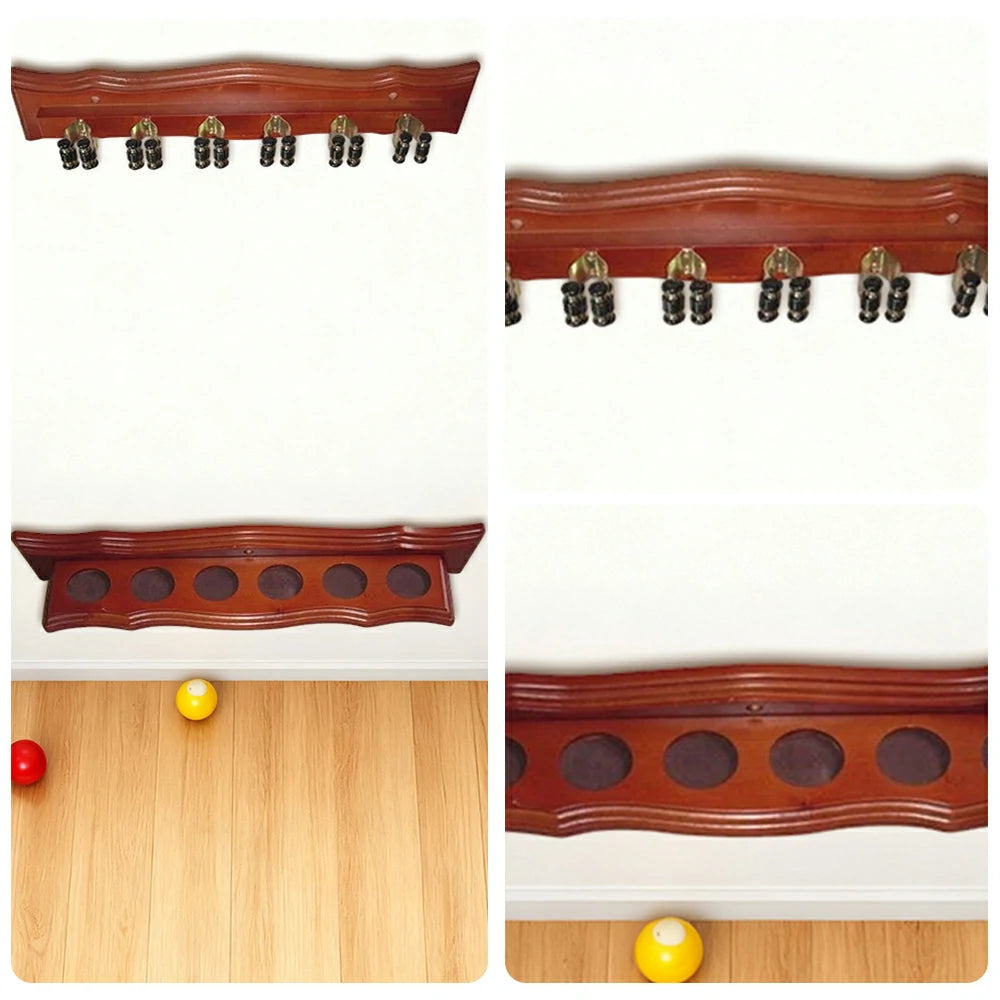 ARIX Deluxe Clip Wall Rack, 6-Cue Wooden Wall-Mounted Holder with Smooth Finish and Secure Cue Clips - Walnut Wood Tone