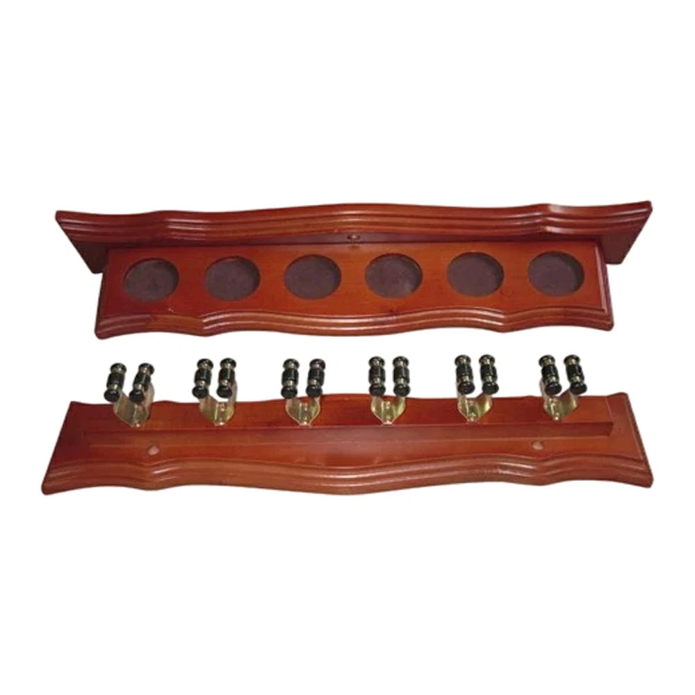 ARIX Deluxe Clip Wall Rack, 6-Cue Wooden Wall-Mounted Holder with Smooth Finish and Secure Cue Clips - Walnut Wood Tone