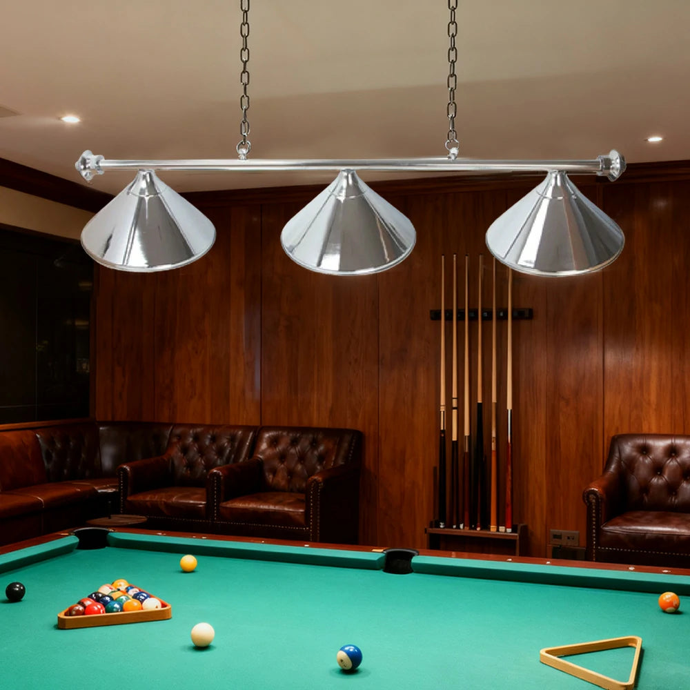 ARIX 55/72" Light Rail, 3-Shade & 4-Shade Metal Billiard Lighting with Satin Chrome Finish - Complete Rail & Matching Satin Chrome Shades