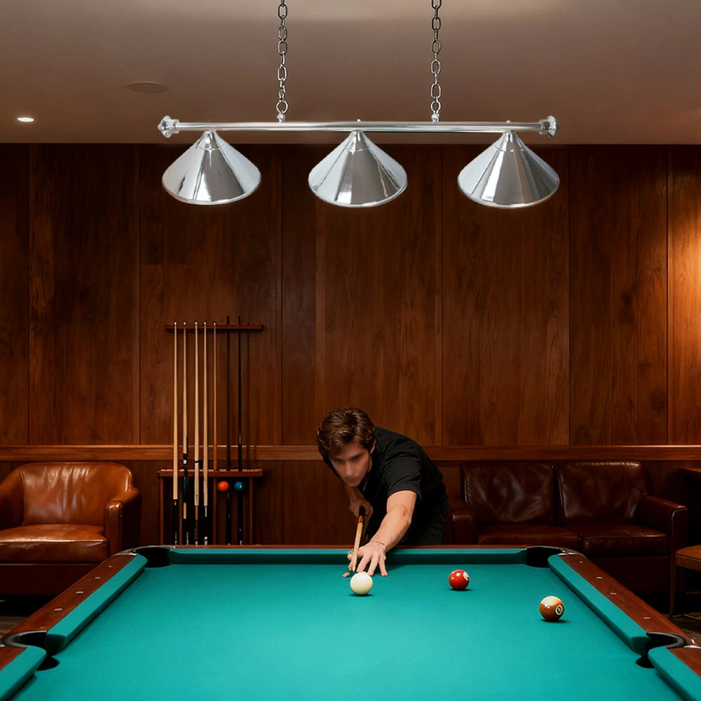 ARIX 55/72" Light Rail, 3-Shade & 4-Shade Metal Billiard Lighting with Satin Chrome Finish - Complete Rail & Matching Satin Chrome Shades