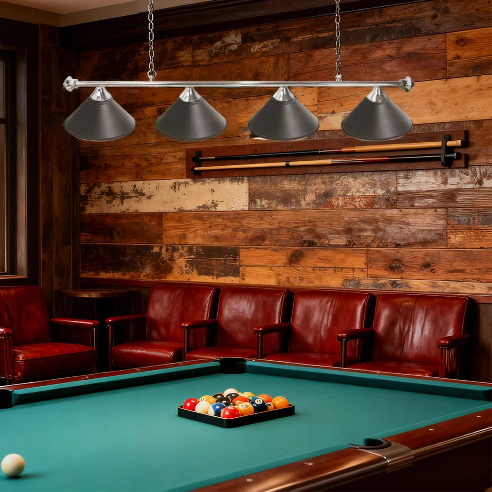 ARIX 55/72" Light Rail, 3-Shade & 4-Shade Metal Billiard Lighting with Satin Chrome Finish - Complete Rail & Matching Satin Chrome Shades