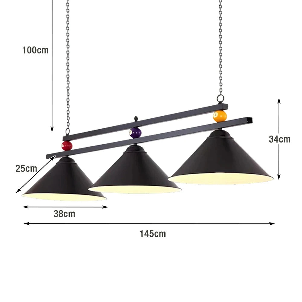 ARIX Pool Table Light, Heavy-Duty Chain and Thick Iron Rod, Painted Iron Shades with E27 Sockets, Durable and Elegant Billiard Lighting - Black