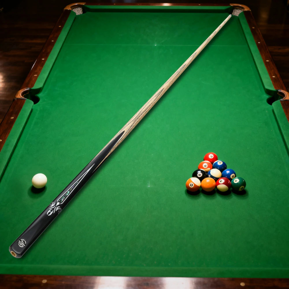 ARIX Billiard Cue 1/2 Split, Ash Shaft, 11.5mm Tip, Ebony with Acrylic & Abalone Inlay, Black Phenolic Ferrule - 145cm