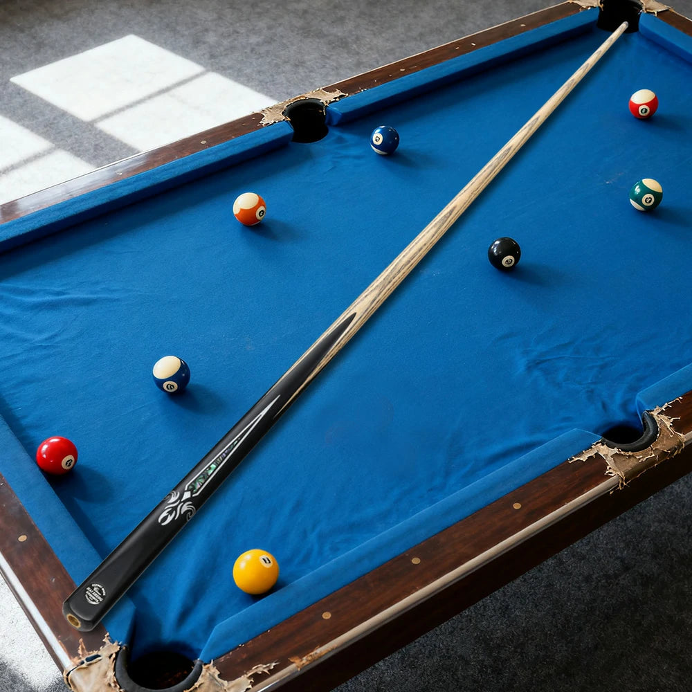 ARIX Billiard Cue 1/2 Split, Ash Shaft, 11.5mm Tip, Ebony with Acrylic & Abalone Inlay, Black Phenolic Ferrule - 145cm