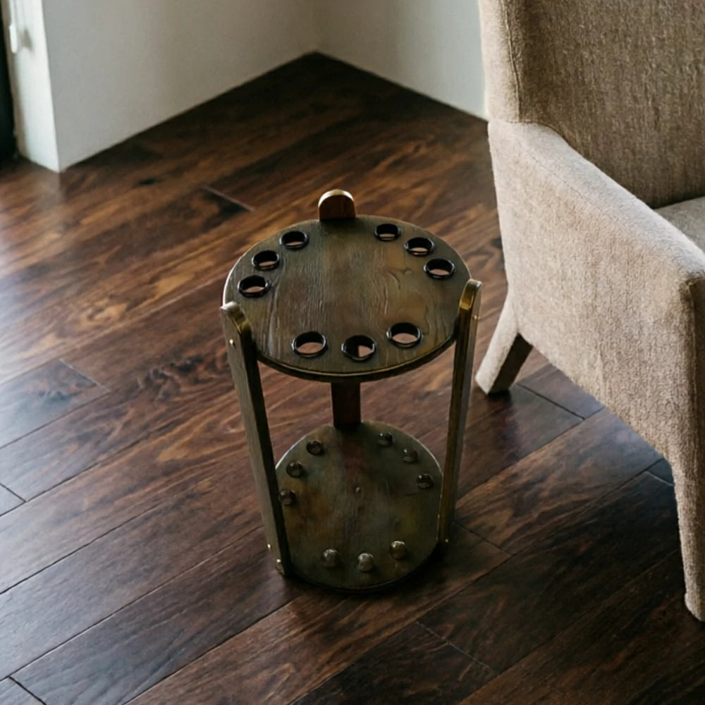 ARIX Round 9-Hole Cue Rack with Two-Tier Floor Stand for Billiard Room - Black Walnut