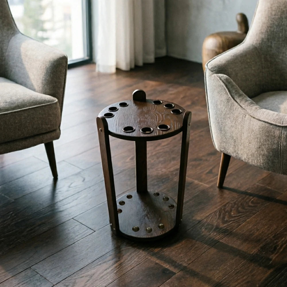 ARIX Round 9-Hole Cue Rack with Two-Tier Floor Stand for Billiard Room - Black Walnut