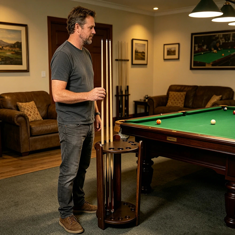 ARIX Round 9-Hole Cue Rack with Two-Tier Floor Stand for Billiard Room - Black Walnut