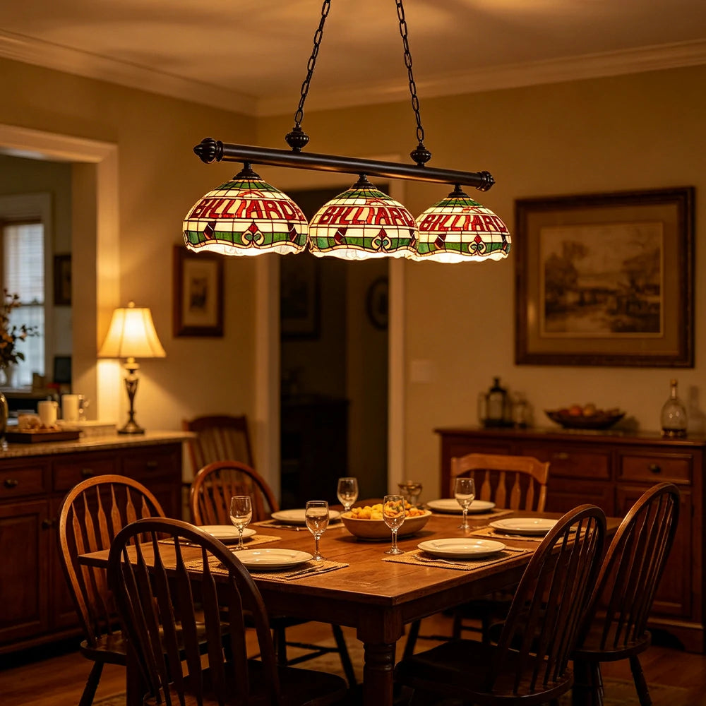 ARIX Tiffany Style 3 Light Billiards Pendant Light Stained Glass Pool Table Hanging Lamp - Red