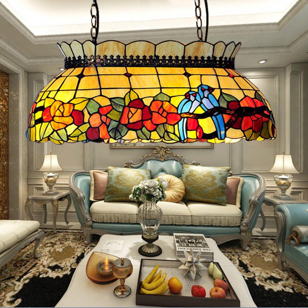 ARIX Billiard Table Light - Floral Design Stained Glass, Handmade Craft, Durable Iron Fittings, E27 Socket, Vintage Pool Table Lighting
