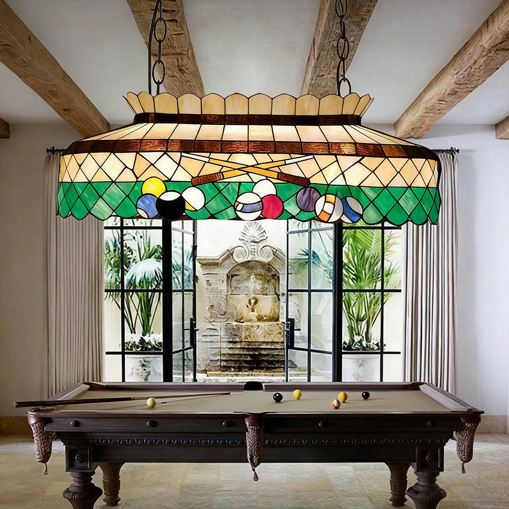 ARIX Billiard Table Light - Billiard Design Stained Glass, Handmade Craft, Durable Iron Fittings, E27 Socket, Vintage Pool Table Lighting - Green