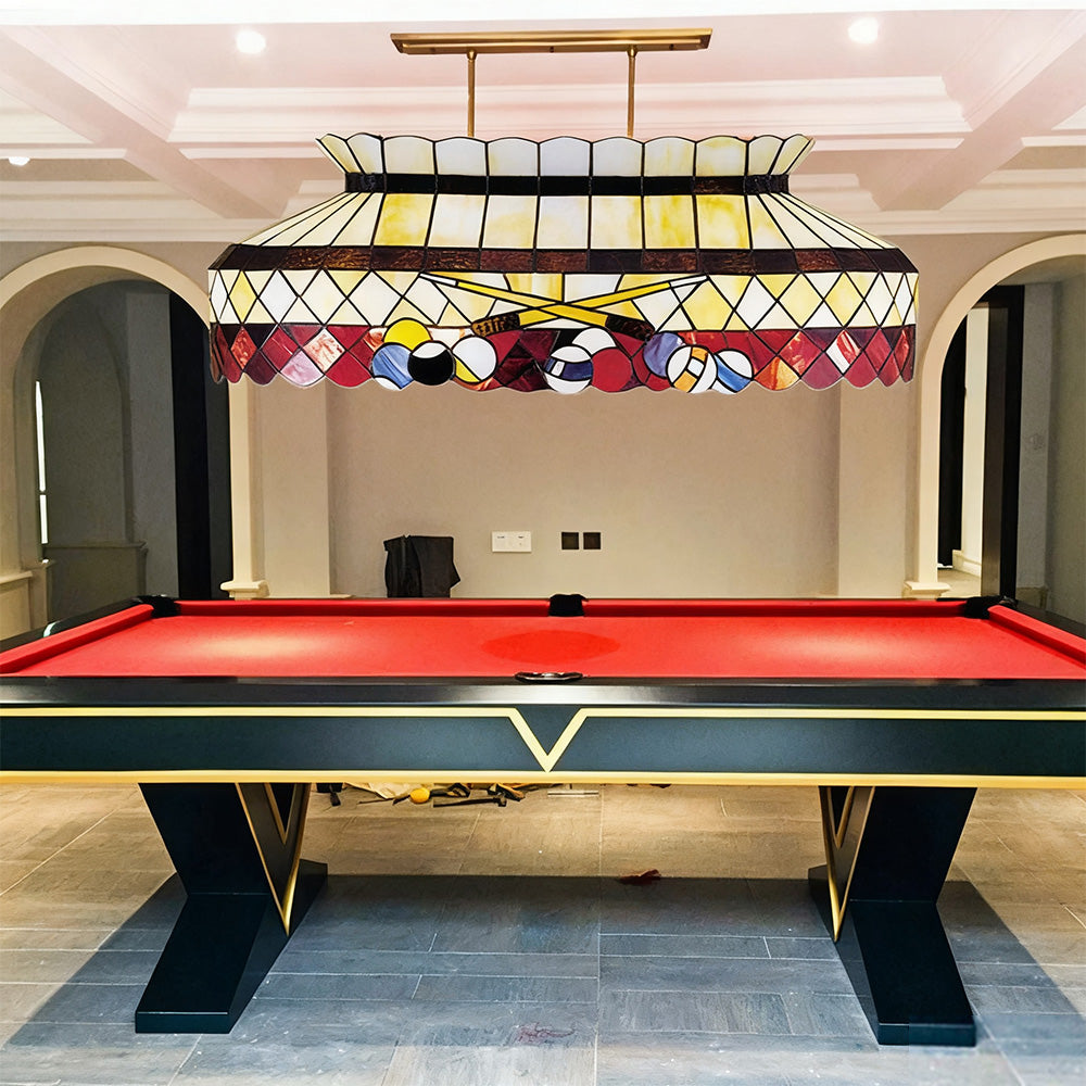 ARIX Billiard Table Light - Billiard Design Stained Glass, Handmade Craft, Durable Iron Fittings, E27 Socket, Vintage Pool Table Lighting - Red