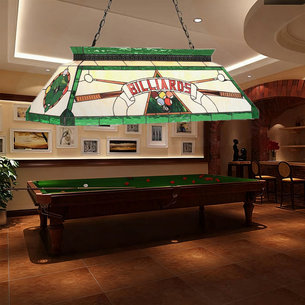 ARIX Long Pendant Billiard Light - Stained Glass Shade, Handmade Craft, Durable Iron Fittings, E27 Socket, Vintage Pool Table Lighting - Green