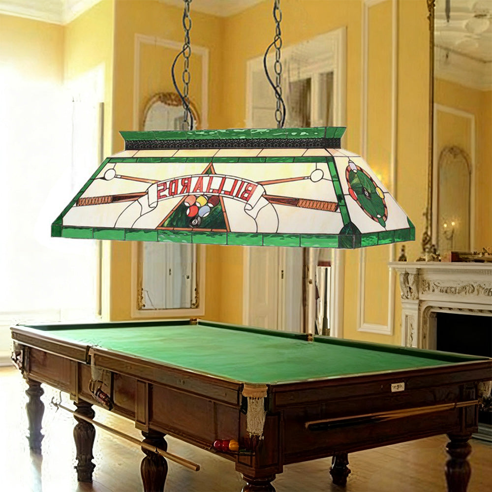 ARIX Long Pendant Billiard Light - Stained Glass Shade, Handmade Craft, Durable Iron Fittings, E27 Socket, Vintage Pool Table Lighting - Green