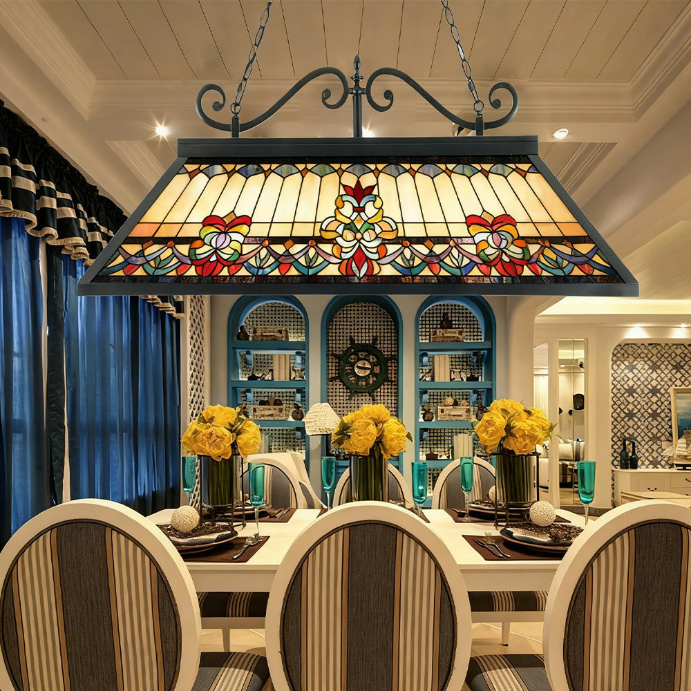ARIX European Long Billiard Pendant Light - Stained Glass Shade, Handmade Craft, Durable Iron Fittings, E27 Socket, Vintage Pool Table Lighting
