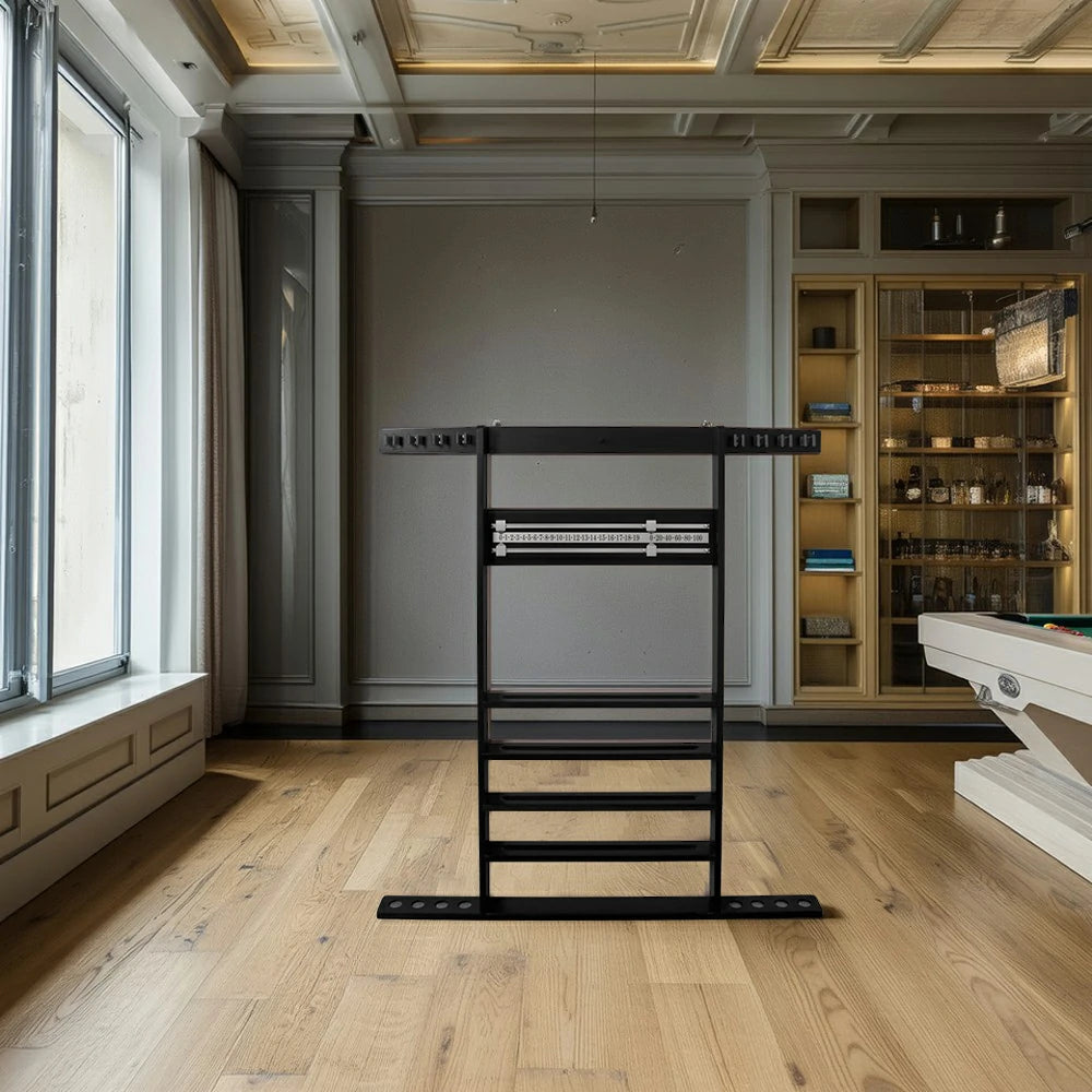 ARIX Wall Cue Rack, 8-Cue Solid Wood Holder with Built-In Scoreboard & Triangle Hook - Black