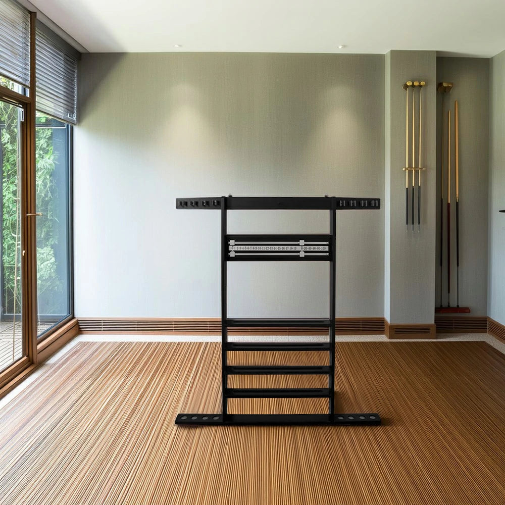 ARIX Wall Cue Rack, 8-Cue Solid Wood Holder with Built-In Scoreboard & Triangle Hook - Black