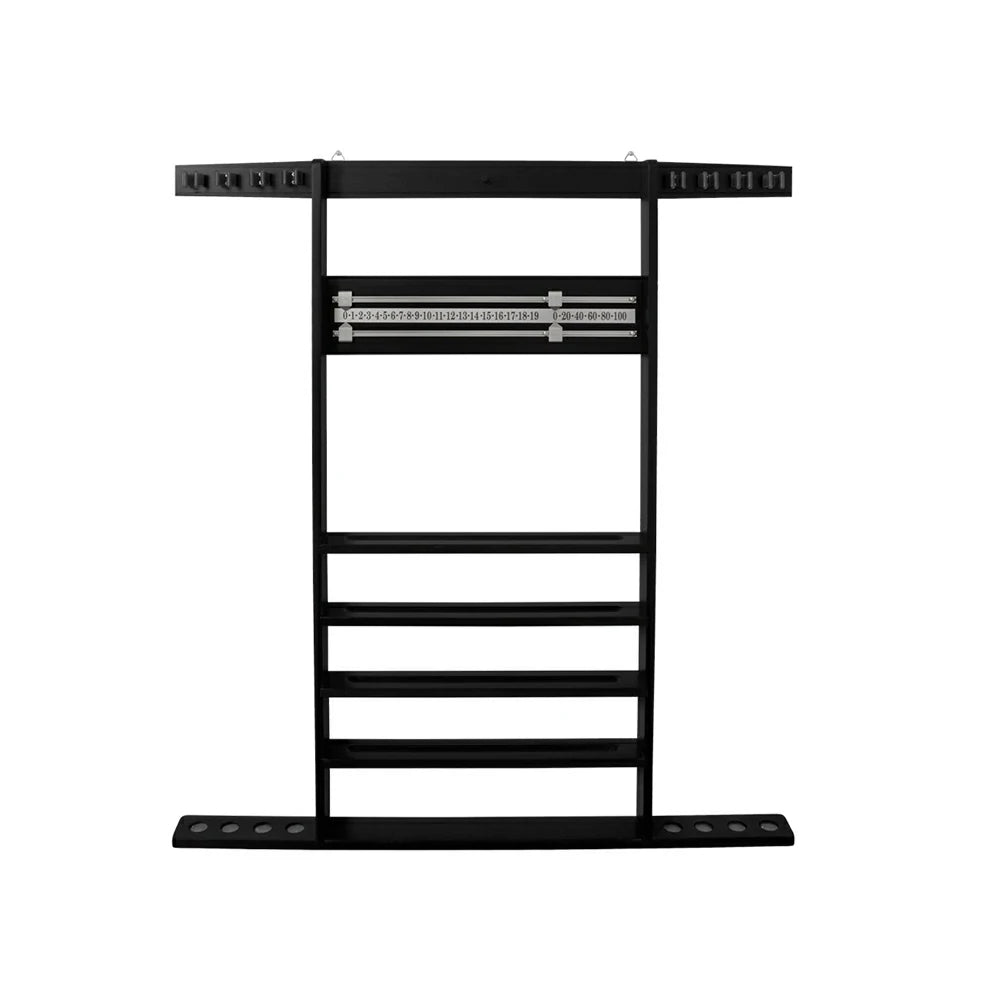 ARIX Wall Cue Rack, 8-Cue Solid Wood Holder with Built-In Scoreboard & Triangle Hook - Black