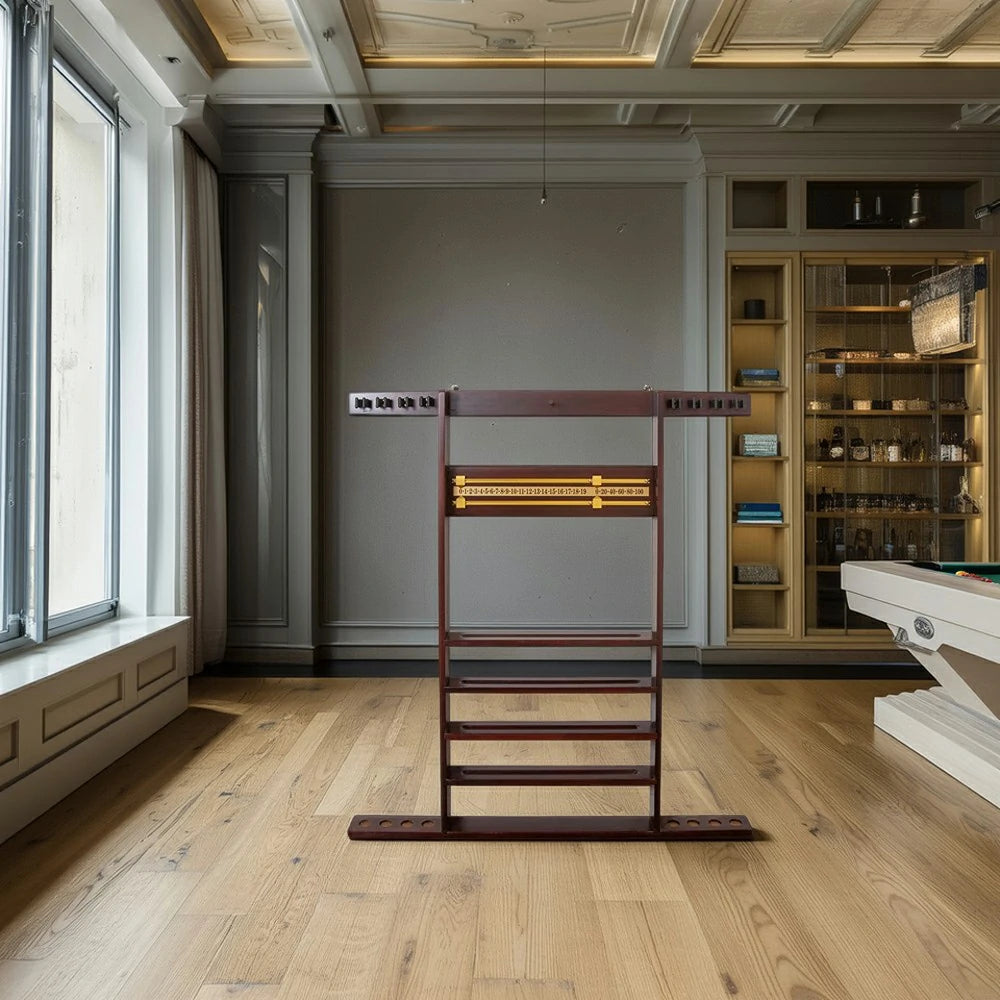 ARIX Wall Cue Rack, 8-Cue Solid Wood Holder with Built-In Scoreboard & Triangle Hook - Cherry Wood Finish