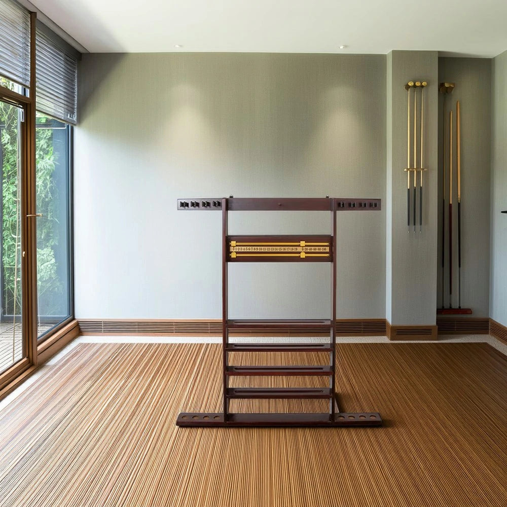 ARIX Wall Cue Rack, 8-Cue Solid Wood Holder with Built-In Scoreboard & Triangle Hook - Cherry Wood Finish