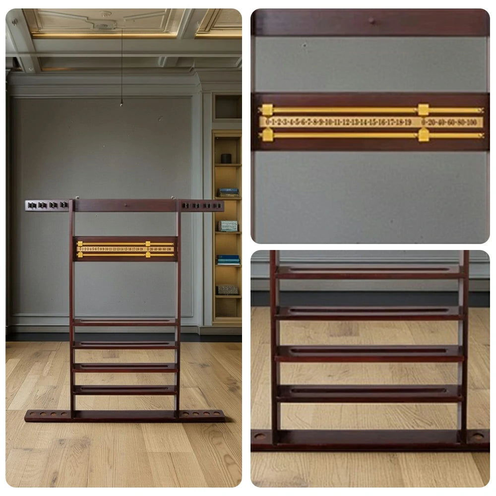 ARIX Wall Cue Rack, 8-Cue Solid Wood Holder with Built-In Scoreboard & Triangle Hook - Cherry Wood Finish
