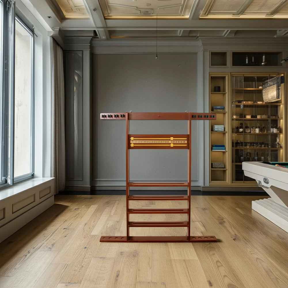 ARIX Wall Cue Rack, 8-Cue Solid Wood Holder with Built-In Scoreboard & Triangle Hook - Walnut