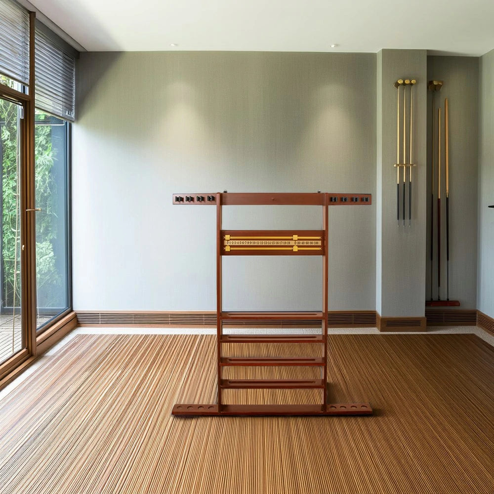 ARIX Wall Cue Rack, 8-Cue Solid Wood Holder with Built-In Scoreboard & Triangle Hook - Walnut