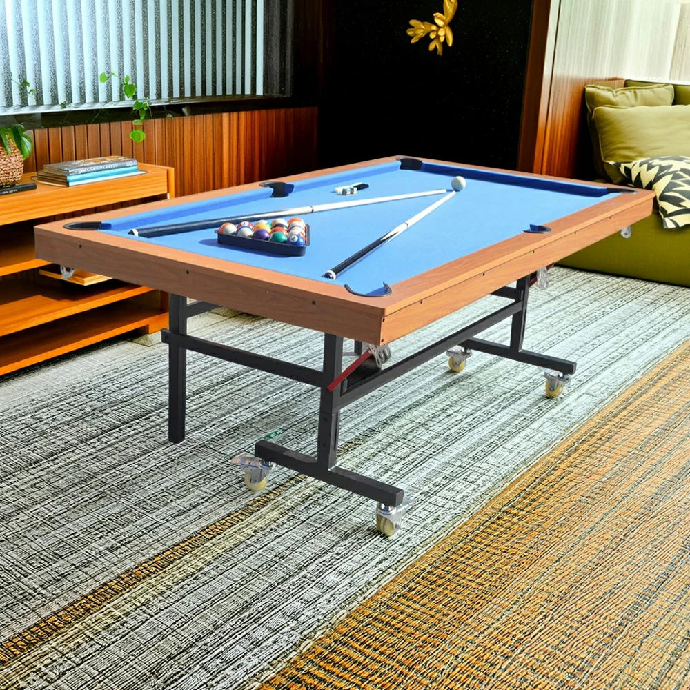 CUETIQ 7FT Foldable Pool Table, Half KD Construction, Easy Storage, Strong Support, Precise Ball Rebound, Durable Design- Wood&Blue