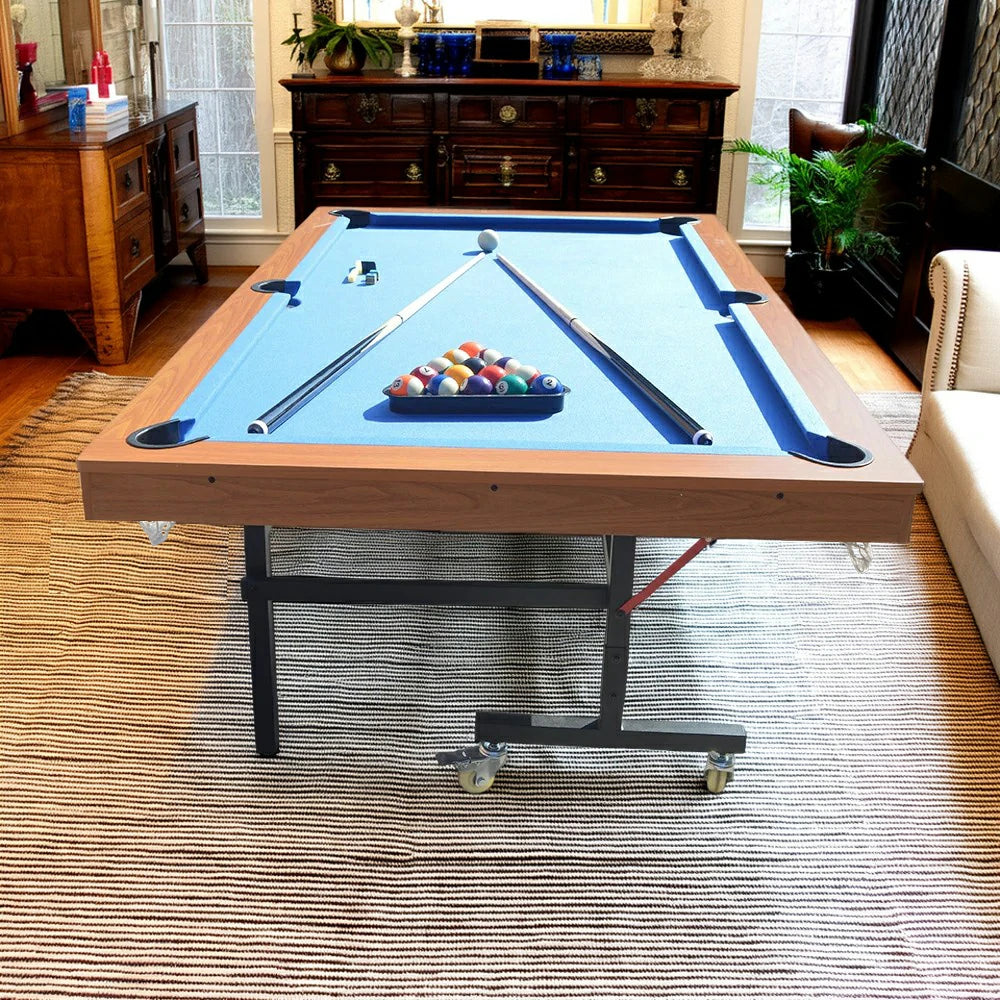 CUETIQ 7FT Foldable Pool Table, Half KD Construction, Easy Storage, Strong Support, Precise Ball Rebound, Durable Design- Wood&Blue