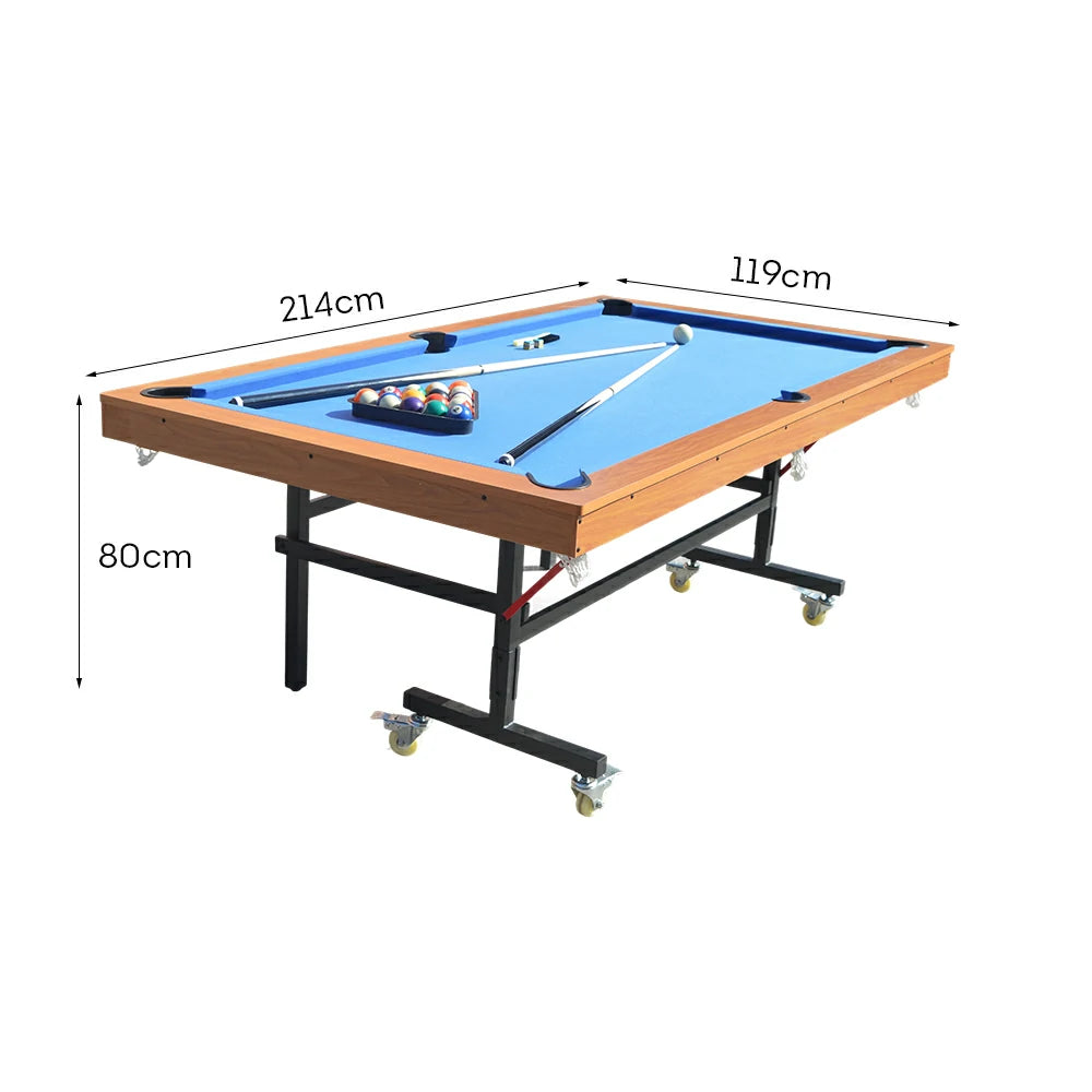 CUETIQ 7FT Foldable Pool Table, Half KD Construction, Easy Storage, Strong Support, Precise Ball Rebound, Durable Design- Wood&Blue