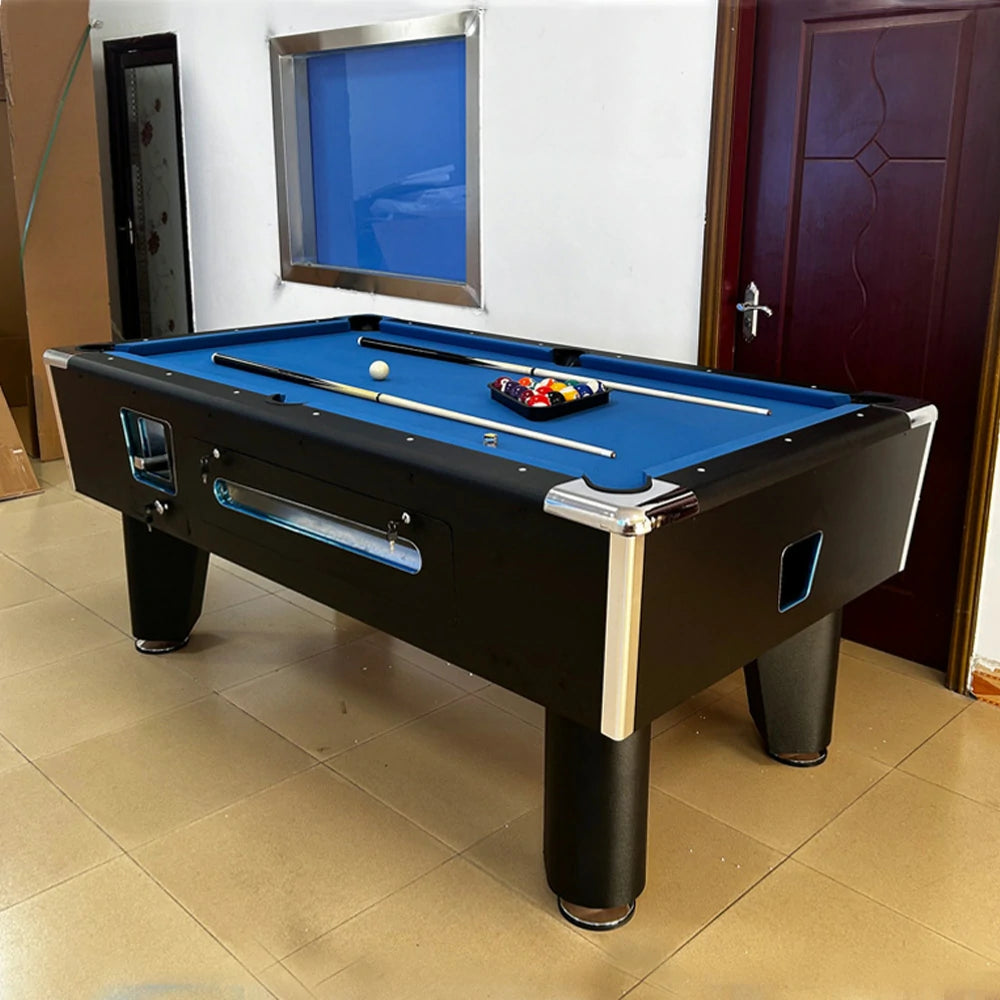 CUETIQ 7FT/8FT Coin-Operated Pool Table – MDF/Marble Top Options, Ball Storage Box, Stable Steel Frame, Black Edge Design - Blue