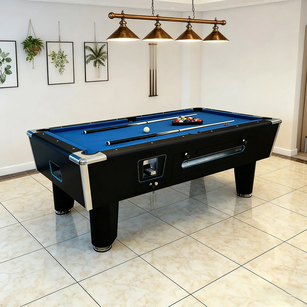 CUETIQ 7FT/8FT Coin-Operated Pool Table – MDF/Marble Top Options, Ball Storage Box, Stable Steel Frame, Black Edge Design - Blue